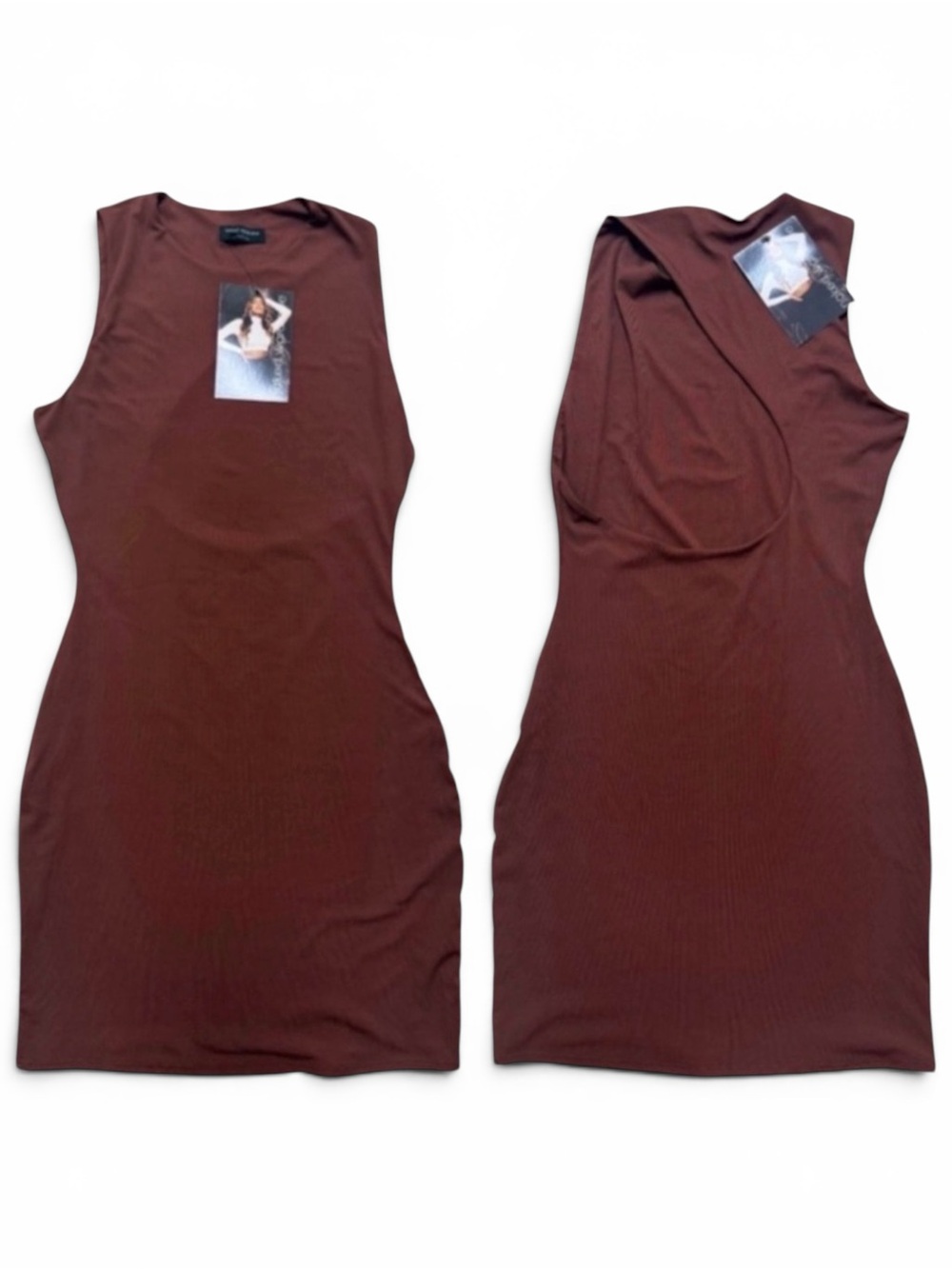 NWT Naked Wardrobe Brown Ribbed Stretch Cutout Mini Dress